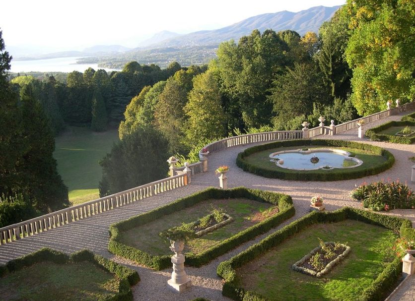Villa Cagnola in Gazzada Schianno with terraced gardens, fountain, and lake and mountain views