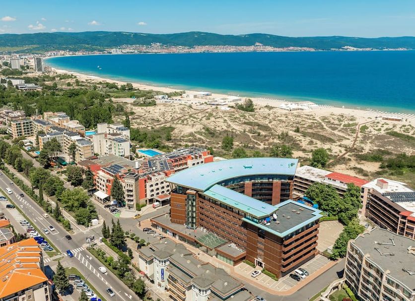 Galeon Residence & Spa in Sunny Beach with aerial sea view and nearby sandy beach