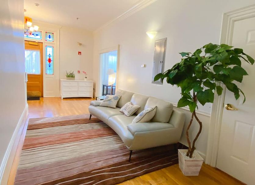 Ginkgo House on Harvard in Cambridge, bright entry hall with sofa, rug, and potted tree