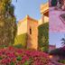 La Maison des Oliviers in Marrakech with lush garden, pink flowers, palm trees, and a historic tower