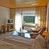 Waldhotel Porta Westfalica room with sofa, TV, desk and window view in Porta Westfalica