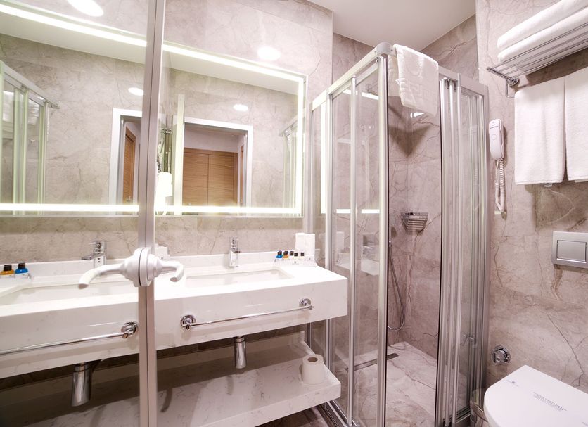 Erboy Hotel Istanbul bathroom with double sink, glass shower, towel warmer and toilet