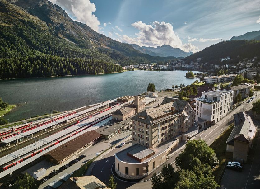 Grace La Margna St Moritz overlooking St. Moritz Lake and mountains, near the train station