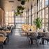 Scandic Grand Central Helsinki dining area in Helsinki with large windows, hanging plants and woven chairs