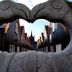 Hotel Viking in Hafnarfjordur, stone heart sculpture framing a narrow courtyard path