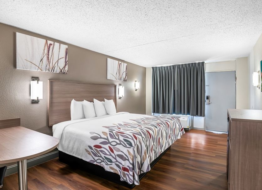 Red Roof Inn Richmond - Airport Sandston guest room with king bed, wood floor, desk, and window curtains