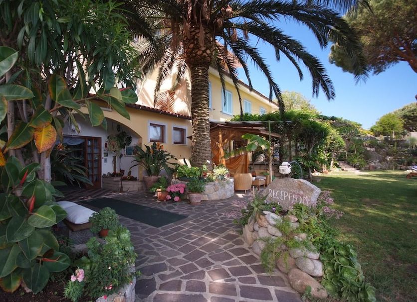 Hotel Sant'Andrea in Marciana with palm-lined garden, stone path, and Mediterranean-style exterior