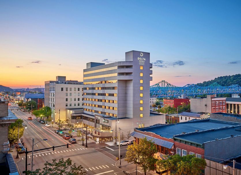 Delta Hotels by Marriott Ashland Downtown overlooking downtown Ashland at sunset with mountain views