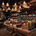 Pierdrei Hotel Hafencity Hamburg in Hamburg, restaurant display with hanging pendant lights and buffet table