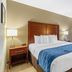 Comfort Inn Aikens Center in Martinsburg guest room with king bed, blue runner, lamps, and armchair
