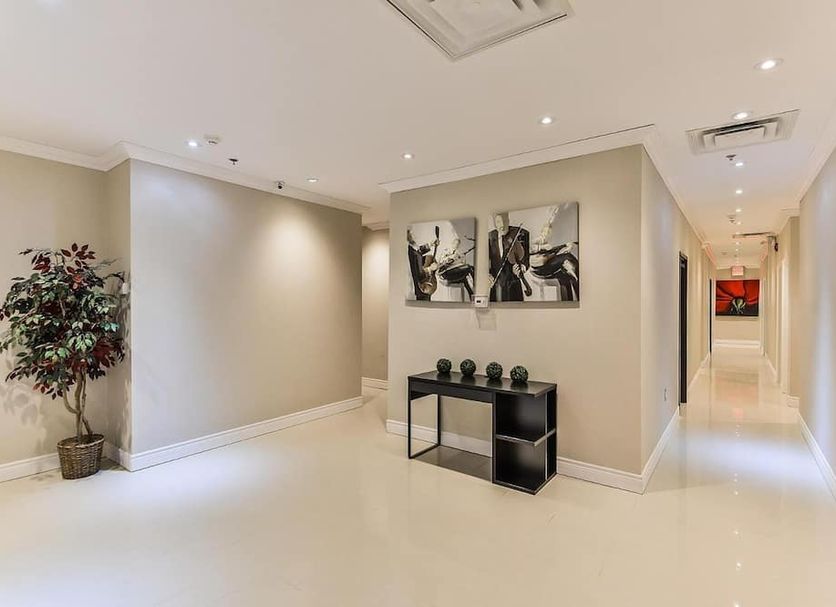 Nu Hotel Toronto Airport in Mississauga hallway with artwork, potted plant and console table