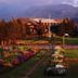 Glacier Park Lodge in East Glacier Park with flower gardens, trees, and mountain views at dusk