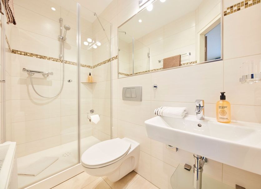 Hotel garni Sonnenhof Moritzburg bathroom with shower, wall-mounted sink, and toilet