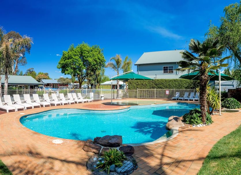 NRMA Ballarat Holiday Park poolside area with turquoise pool, loungers, palm trees and blue sky in Ballarat