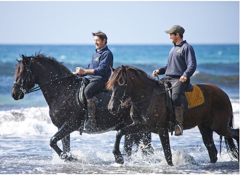 Hotel Rural Binigaus Vell in Es Migjorn Gran: two riders on horses walking through surf by the sea