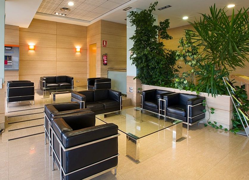Hotel La Boroña lobby lounge with black leather chairs and indoor plants in Gijón