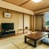 Kamenoi Hotel Yanagawa room with tatami seating and large window view of greenery in Yanagawa