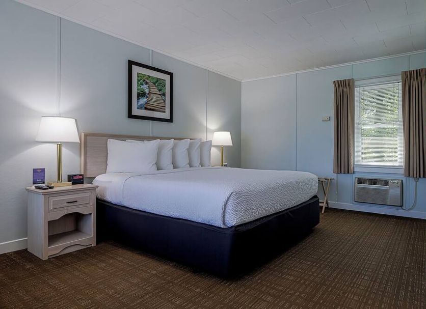 Highbrook Motel in Bar Harbor guest room with queen bed, bedside lamps, window air conditioner, and window view