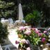 Hotel Rosa Del Tirreno in Quercianella garden terrace with hydrangeas, tables, chairs and umbrella