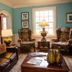 Williamsburg Manor B&B in Williamsburg living room with leather sofa, floral chairs, window and coffee table