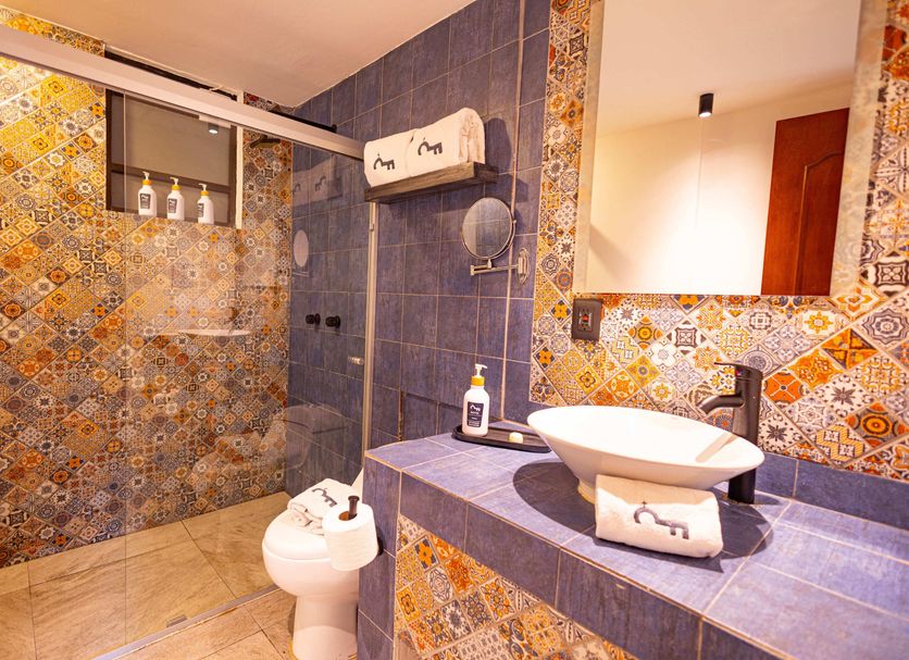 Casa de los Frailes Hotel Oaxaca bathroom with patterned tile shower, vessel sink, and mirror