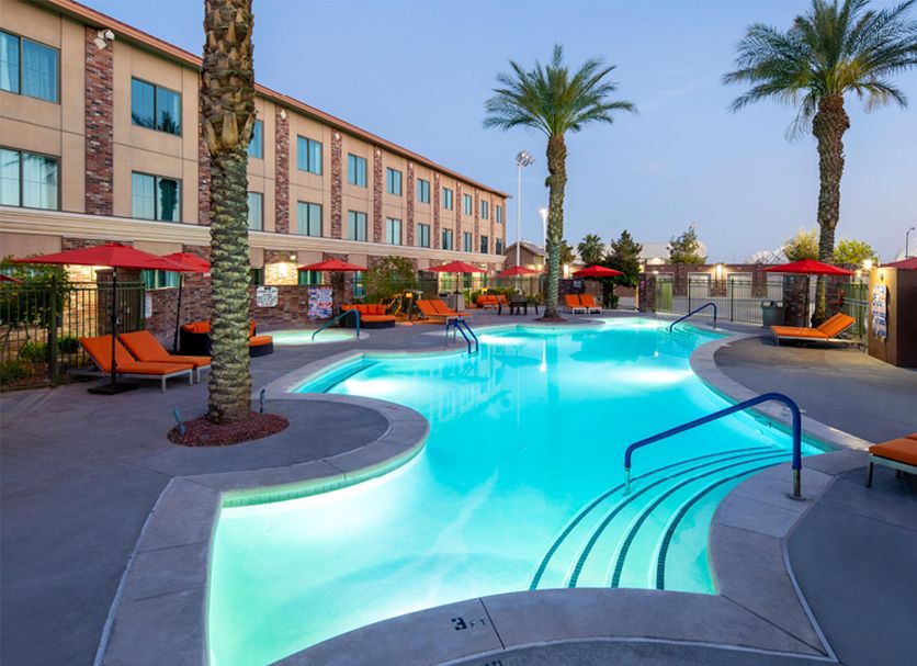 Cannery Casino Hotel in North Las Vegas pool area with palm trees and loungers