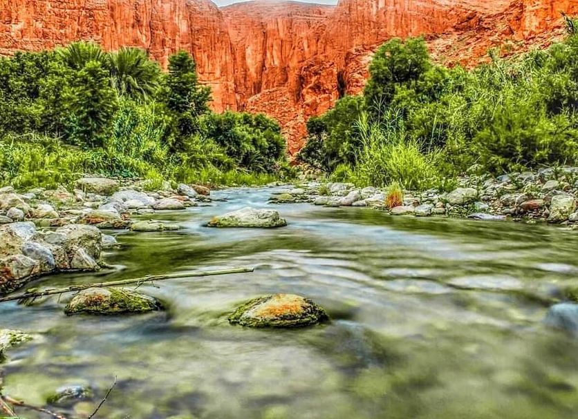 Hotel Restaurant La Kasbah in Tinghir with a rocky river, lush greenery, and red canyon cliffs