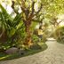 Le Jardin Villas Seminyak in Kuta: tropical garden pathway with lush trees and greenery