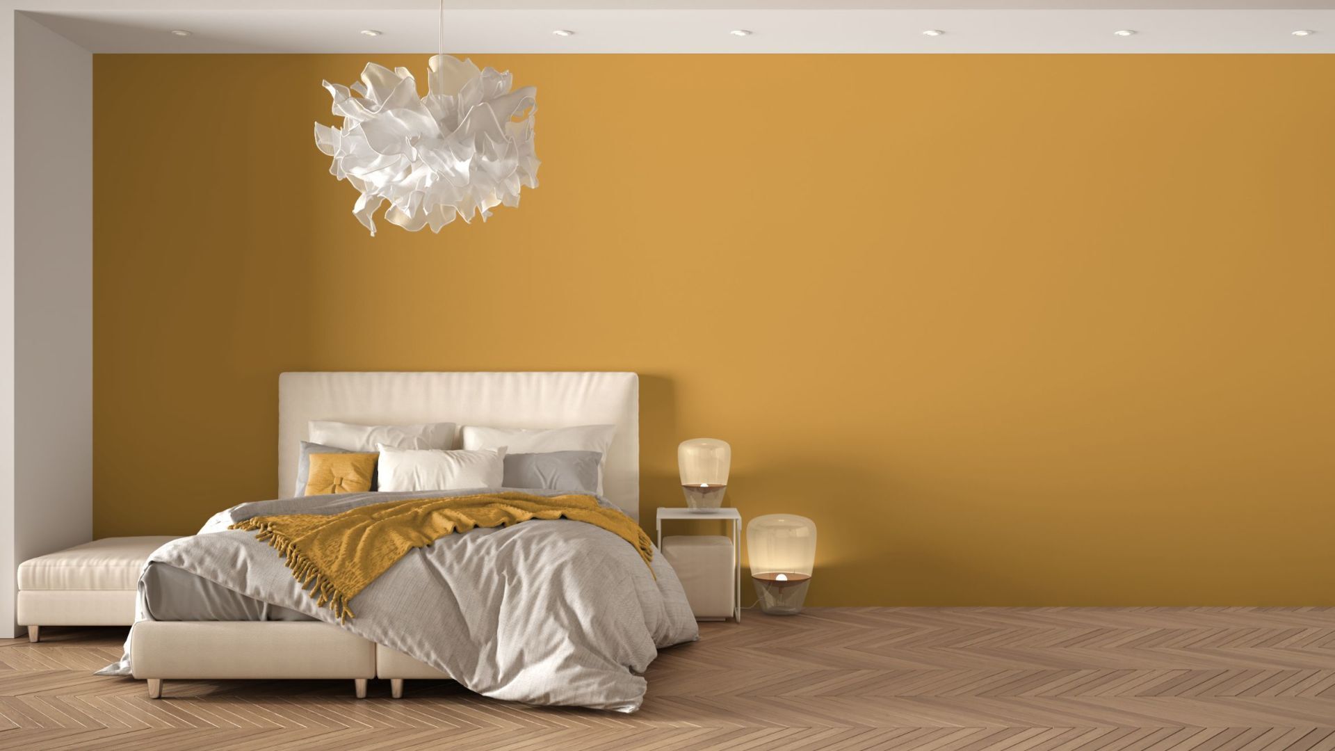 Albergo Del Centro Storico in Salerno, bedroom with mustard accent wall and pendant light
