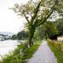 The River Village in Interlaken with riverside path, boats on the water, and mountain views