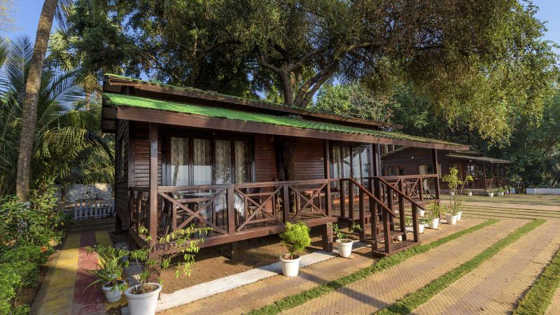 Saffron Stays Little Paradise in Murud, a wooden cottage with porch and steps amid trees