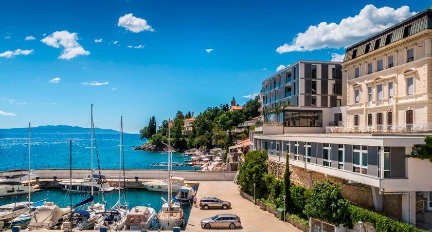 Hotel Istra - Liburnia in Opatija with marina, Adriatic sea view, and waterfront hotel exterior