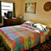 Harbor House Bed and Breakfast in Staten Island guest room with colorful bedspread, window and dresser