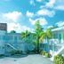 The New Yorker Hotel Miami exterior with palm trees, bright blue sky, and two-story motel-style rooms in Miami