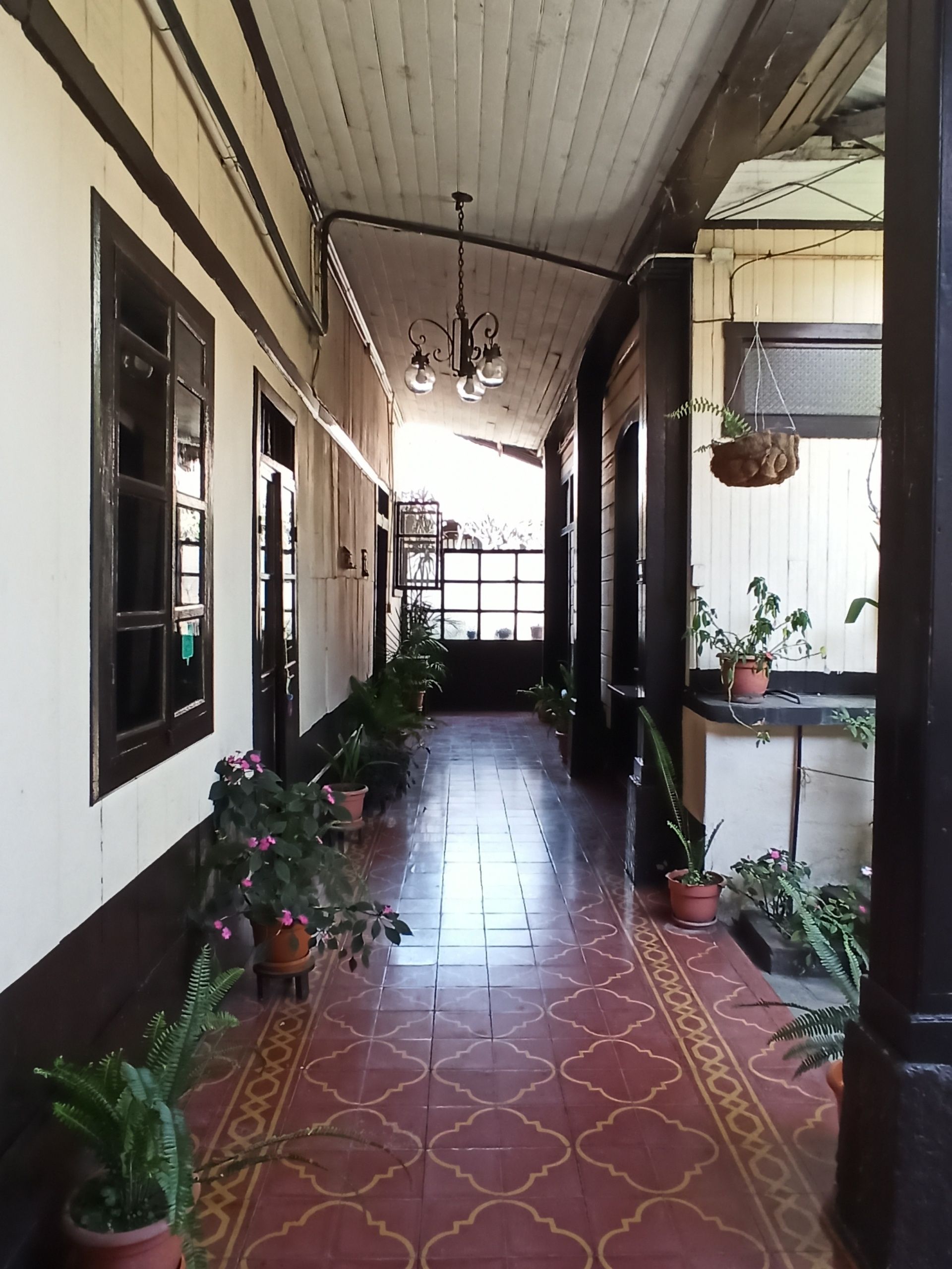 Casa Seibel hallway in Quetzaltenango with tiled floor, hanging light, and potted plants