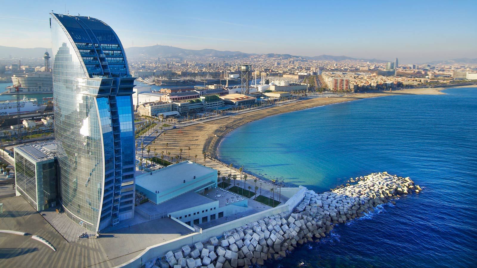 W Barcelona overlooking the beach and blue Mediterranean Sea in Barcelona