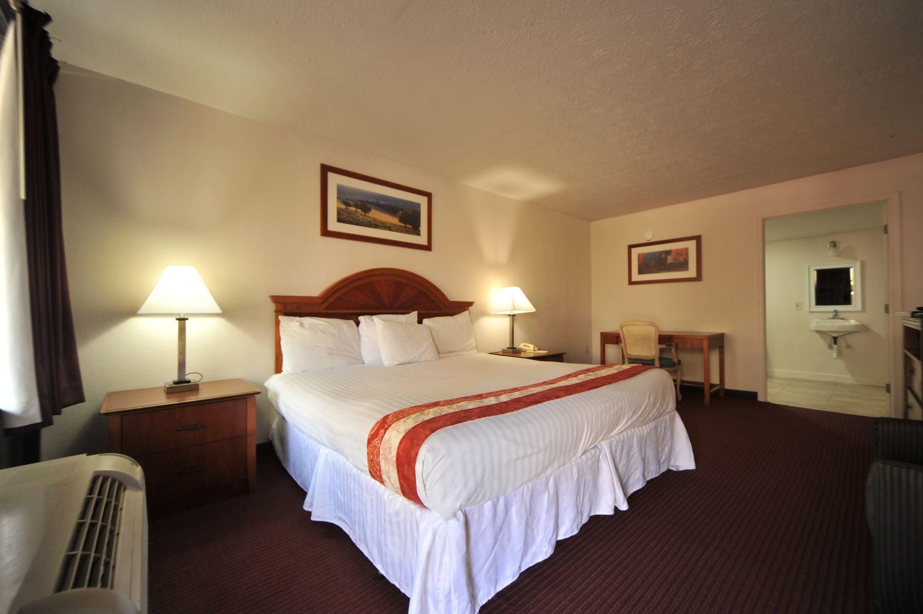 Motel Zuma in Williamsburg guest room with king bed, two bedside lamps, desk, and wall art